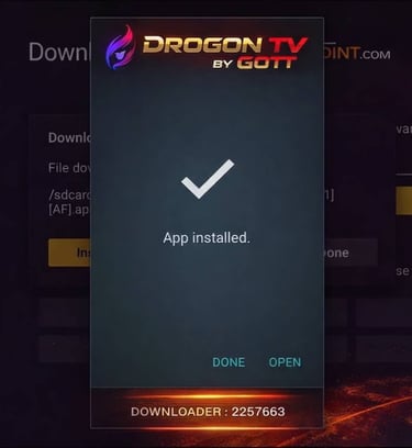 NUFU TV app installation screen showing a successful app installed message with checkmark icon.
