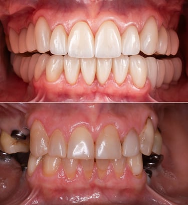 Reabilitação oral total sobre implantes dentários. Resultado de Engenharia Estética. coroas dentes