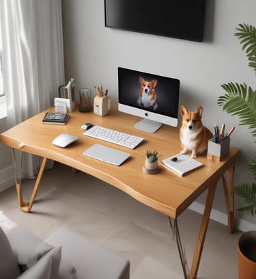 Escritorio ordenado y limpio con articulo de colección premum de corgi sobre escritorio