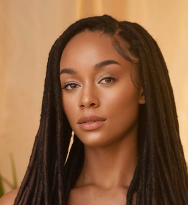 A photo of a Black woman with long, waist-length faux locs. The locs are styled with a realistic, natural texture and are met