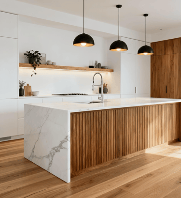 Cocina moderna a medida con isla en acabado mármol blanco