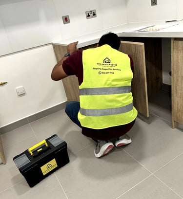 Engineer inspecting kitchen fittings and plumbing during property snagging in Abu Dhabi