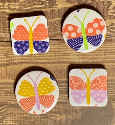 Set of 4 circle and square metal and mylar butterfly magnets