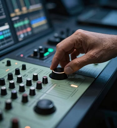 A professional portrait of a video editor's hands moving a precise jog dial. The lighting is moody with deep slate blue shadows and muted sage highlights on the equipment, conveying cutting-edge creativity and technical expertise.