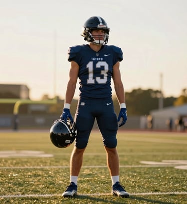 A full-body vertical image of the running back standing on the field, helmet in hand, looking toward the horizon with a confident expression. The golden hour lighting emphasizes a professional, high-scholarship-potential athlete. Colors used in the jersey are #1C2B3A and #8FAEC0.