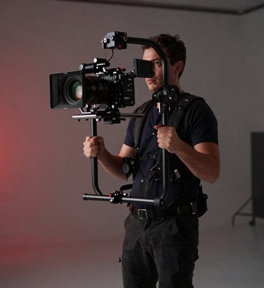 Behind-the-scenes shot of a filmmaker holding a stabilized camera rig. The person is dressed in dark professional attire, standing in a studio with low-key lighting and a hint of venetian red light in the background haze.