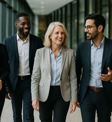 Diverse group of business professionals walking and having a conversation