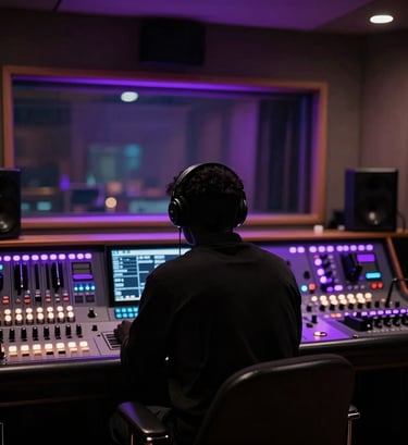 A mysterious silhouette of an artist in a high-tech recording booth, glowing light purple control panels in the background, sophisticated and edgy vibe, North American urban setting.