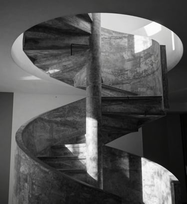Vertical black and white photograph of a contemporary spiral staircase in a Sydney architectural home, dramatic lighting casting sharp shadows, focus on the texture of concrete and steel, minimalist and cinematic style.