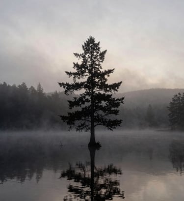 A serene landscape photograph of a misty Ontario lake at dawn. A single silhouette of a tree stands against the soft light, capturing a quiet, emotional, and reassuring atmosphere with deep charcoal tones.