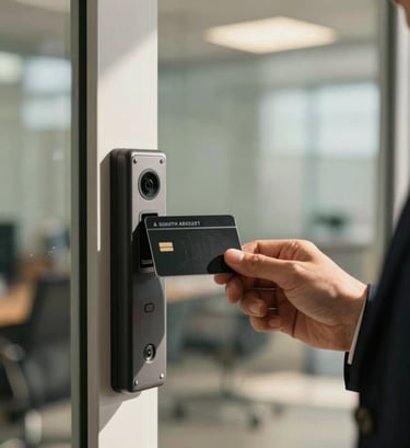 A close-up shot of a professional in a South American / Brazilian office setting using a sleek black security card to open a glass door. The lighting is sunny and warm, emphasizing the reliability and ease of use of the electronic system.