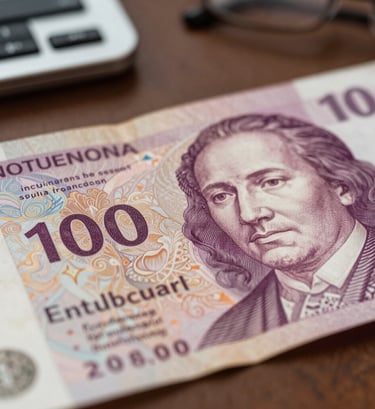 A macro photograph of high-quality textured paper currency with elegant typography. The lighting is soft and warm, capturing tones of muted rose mauve and deep plum aubergine in the shadows. Set in a quiet International / Western office environment.