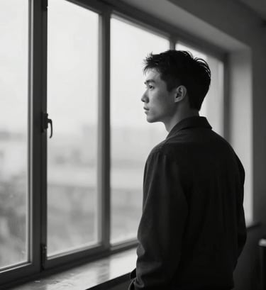 Cinematic black and white style photograph (using #3A3F3B tones) of a person looking out of a large studio window, thinking. The composition is off-center, emphasizing a professional yet contemplative mood. High contrast lighting.
