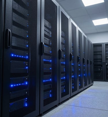A dramatic low-angle photograph of a server room corridor. The server racks are finished in dark slate, with glowing steel blue indicator lights casting shadows on the polished floor. The lighting is precise, emphasizing a high-tech and secure facility.