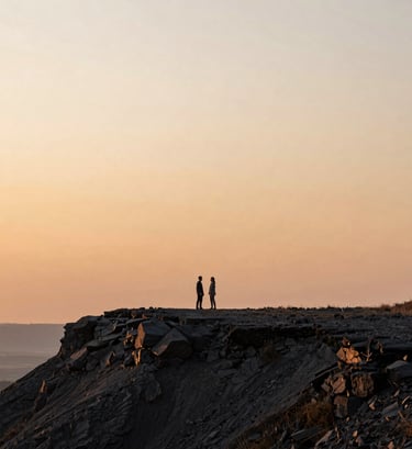 A wide-angle cinematic shot of a couple standing on a rugged charcoal-colored cliffside at sunset. The sky is a gradient of soft orange and muted cream. The composition focuses on the vast landscape and the intimate scale of the couple.