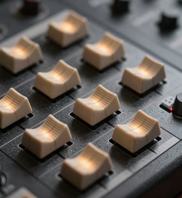 A macro photograph of vintage sound mixing equipment, featuring warm sand colored illuminated dials against a charcoal metallic surface.