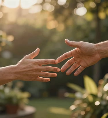 A vertical-oriented rectangular photograph of two hands reaching for each other against a warm, out-of-focus background of a sunlit garden. The lighting is cinematic and golden, emphasizing texture and a sense of genuine connection. Professional lifestyle photography style.