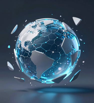 A dynamic shot of a 3D animated sphere breaking into shards. Cinematic lighting with #8FE3F5 glows and #d4d4d4 reflections. High-tech, artistic expression.