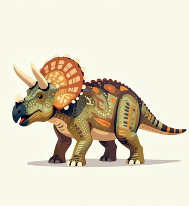 A side profile of a Triceratops in a playful pop-art style. The dinosaur has decorative patterns across its frill using #C6B29B and #D87D51. The background is a bright, clean #F9F5EF. The composition is centered and modern.