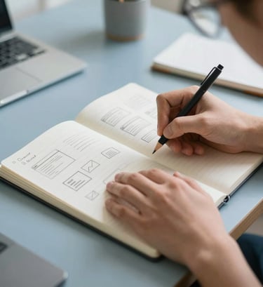Close-up of a student's hands drawing UI wireframes in a light grey notebook on a slate blue desk. The setting is a brightly lit North American / US student housing apartment. High-quality photography with shallow depth of field.