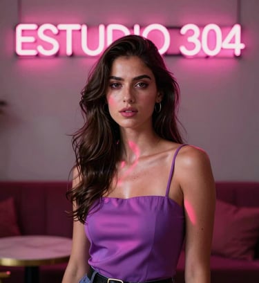 A high-fashion photography portrait of an elegant female model in a premium lounge in Latin American / Global. A bright neon pink sign reading ESTUDIO 304 glows behind her, casting vivid pink and violet reflections on her skin.