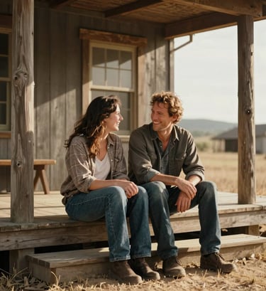 A cinematic, authentic photograph of a couple sitting on the steps of a Western / Global wooden porch, sharing a genuine laugh. Warm, sun-drenched backlighting creates a timeless, premium feel. Deep charcoal and soft sand color palette.