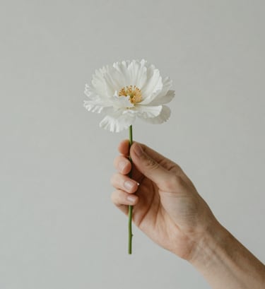 A detailed shot of a hand holding a delicate flower against a soft grey background (#E0DCD9). Focus on texture and the quiet emotion of the moment, reflecting artistic depth.