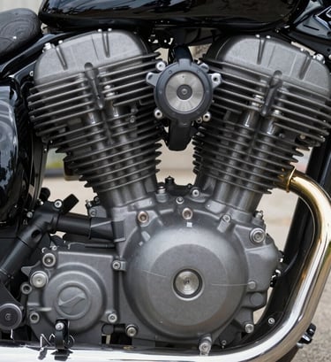 Close-up detail of a motorcycle engine in a Global / Western outdoor setting, focusing on the textures of Gunmetal Grey metal and polished Dark Charcoal components, soft natural light reflecting off the chrome surfaces.