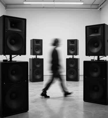 Black and white photography, an abstract long-exposure shot of a performer moving through a sound installation, artistic motion blur, elegant and sophisticated visual hierarchy.