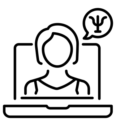 ein Icon zeigt eine Frau auf einem laptop Bildschirm mit einer Sprechblase mit symbol Ψ