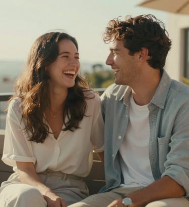 A candid lifestyle shot of a young couple laughing together on a sun-drenched terrace. Warm cinematic atmosphere, natural poses, and a color palette dominated by #E2D7C3 and #3A3A3A accents.