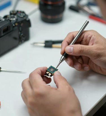 Detailed close-up of a professional technician's hands using precision tools to repair a digital camera sensor, bright clean workbench, soft bokeh, North American / US technical service environment.