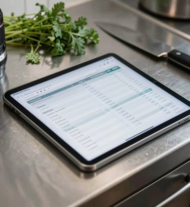 Close-up of a digital tablet showing financial analytics and food cost spreadsheets, resting on a clean stainless steel kitchen counter next to fresh herbs and a chef knife, natural daylight.