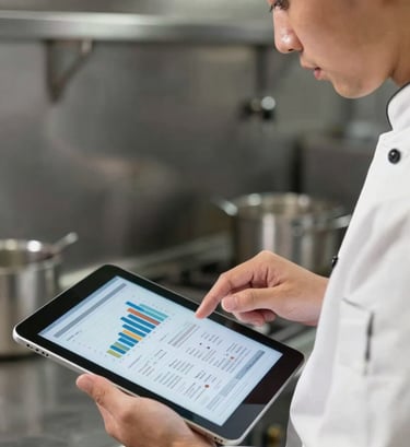 Close-up of a chef in a white uniform analyzing financial reports on a tablet screen, stainless steel kitchen background, crisp natural daylight.