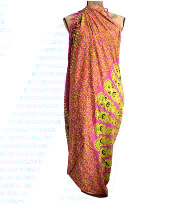 a woman's dress with a pink and yellow dress