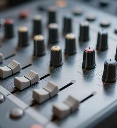 Close-up detail of a professional sound mixer's tactile knobs and sliders. Polished metal finishes reflecting faint #86A3B8 light, emphasizing precision and the technical craft behind the podcast.