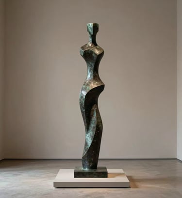 A tall, abstract contemporary sculpture made of dark bronze (#1A1A1A) standing on a minimalist pedestal. Set within a spacious, high-end gallery with muted taupe walls (#5F5B54). The composition is balanced and elegant.