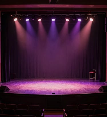 An artistic wide-angle shot of a North American / US jazz club interior with theatrical lighting in Deep Plum and Dusty Rose tones, focusing on an empty stage.