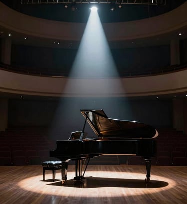 A dramatic wide shot of a concert hall with a single spotlight hitting a grand piano. The shadows are deep and rich using #1A2D3A, while the light beam is a brilliant #E6EBE0, symbolizing hope emerging from darkness.