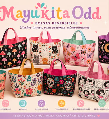 Una colección de coloridos bolsos tote reversibles de Mayukita Odd, con estampados como gatos, etc.