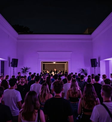 A wide-angle professional photograph of a sophisticated crowd at a high-end electronic music event in a Spanish / Latin American upscale venue. The lighting is dominated by night black and electric violet tones. Minimalist architectural details.