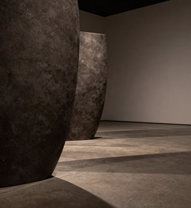 A sophisticated and minimalist photography of a large-scale artistic installation. Deep charcoal and muted earthy brown tones dominate the scene. The composition focuses on the interplay between a textured sculptural element and dramatic, long shadows. A contemplative mood in an Argentine gallery environment.