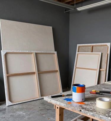 A wide shot of a messy, industrial artist studio in a International / Urban Art Scene warehouse. Large canvases are leaned against deep slate grey walls. On a workbench made of poured concrete, there are open cans of vibrant blue and safety orange paint, several palette knives, and rolls of architectural tape. Raw, authentic lighting.