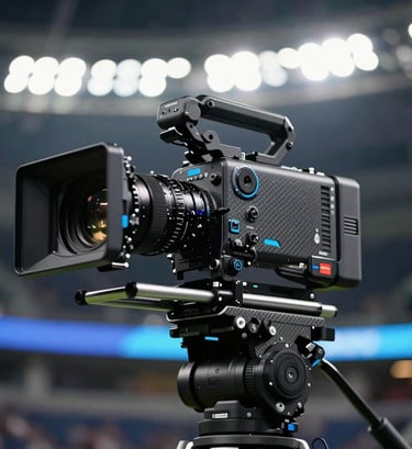 Close-up of a professional cinema camera mounted on a high-tech carbon fiber gimbal, reflecting the bright stadium lights of a North American arena, midnight black and electric azure accents, sleek industrial design.