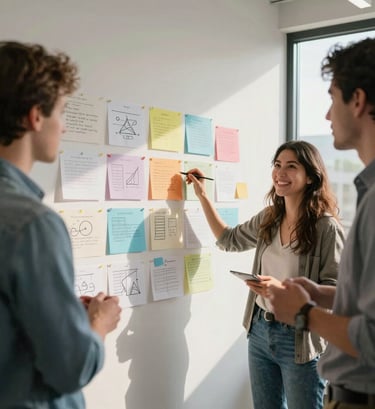 A dynamic photography of a creative brainstorming session in a sunlit North American design firm. Professionals are interacting with colorful storyboards on a wall, radiating passionate and friendly energy.