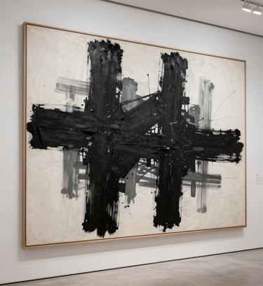 Large-scale abstract artwork by Khaled Tirikli displayed on a white wall in a modern Middle Eastern gallery. The painting features massive, heavy black brushstrokes contrasting with light grey shadows in a minimalist, museum-style setting.