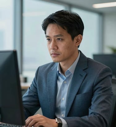 A portrait of a focused professional in a modern Southeast Asian / Indonesian office, wearing business attire, looking at a screen, high-end photography with Muted Steel Blue and Soft Sky Blue accents in the background.