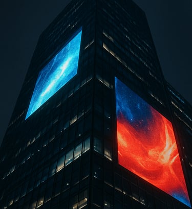 Low-angle perspective of a glass skyscraper in Seoul featuring massive digital billboards. The night sky is a deep charcoal. Digital noise and sharp architectural lines create a semi-cyberpunk and technical aesthetic.