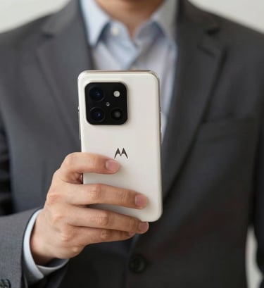 A close-up, editorially-styled shot of a premium business professional holding a Motorola device. The focus is on the sleek product design and the professional's attire. High contrast, sharp focus, with a color palette of deep charcoal (#111111) and warm off-white (#F0EDE8).