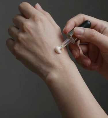 Artistic close-up of hands applying a premium cosmetic product, focus on texture and soft skin, lighting is moody and artistic with deep shadows, incorporating #0D0D0D and #FDFBF7 tones.